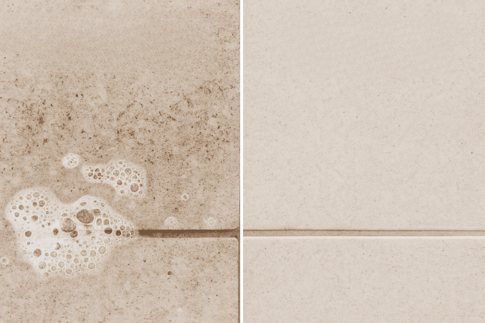 Before and after tile cleaning comparison using the 8-in-1 Electric Cleaning Brush to show grime removal results